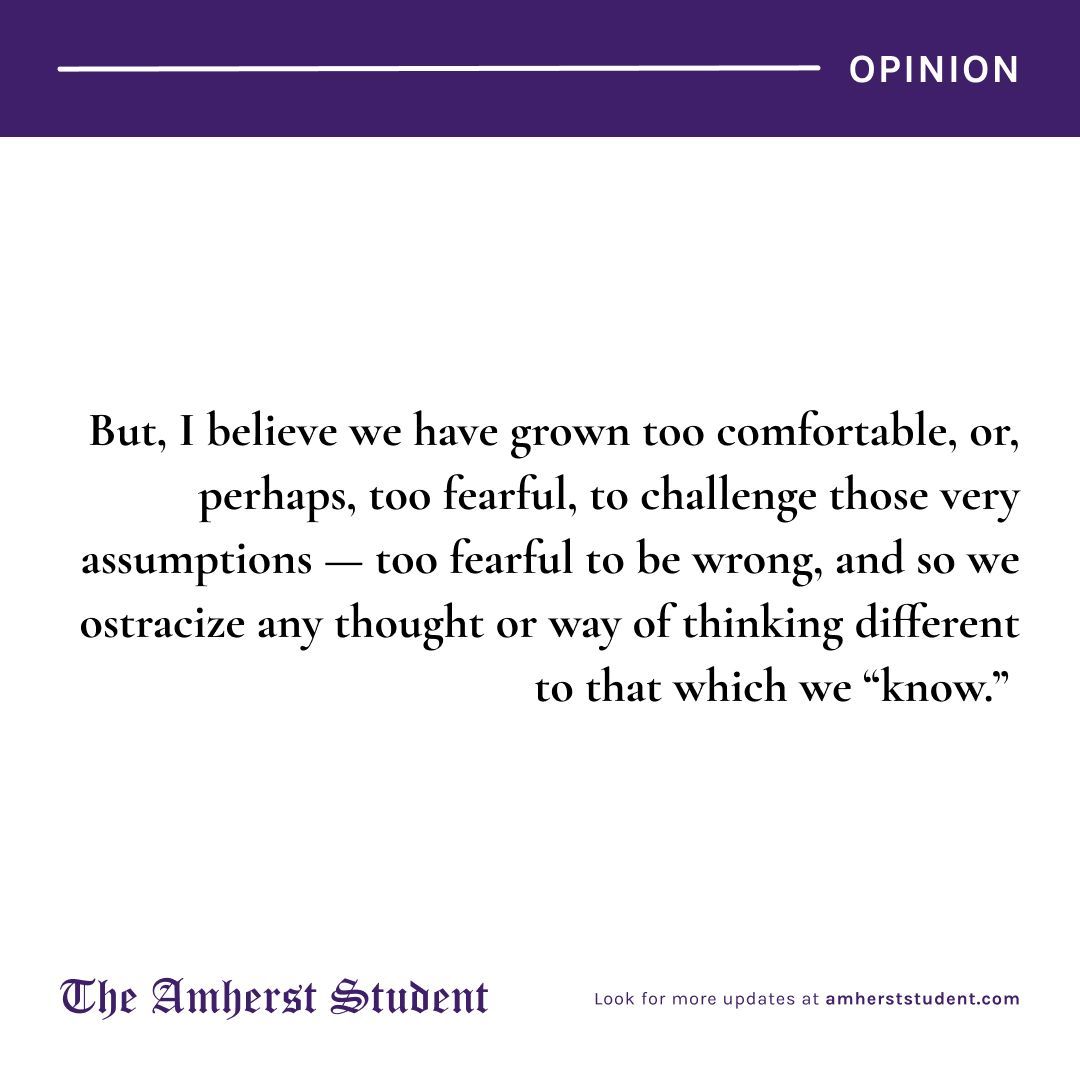 Staff Writer Aaron Holton ’25 indicts Amherst’s cultural norms, urging students to shed preconceived notions and “usher in a new world.”

✍️ Aaron Holton '25
🔗 buff.ly/3vToW5p