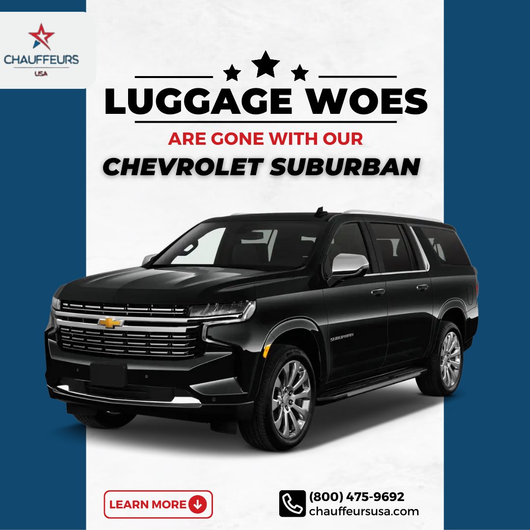 Say goodbye to luggage woes with our Chevrolet Suburban! With a capacity for 6 passengers and 6 bags, enjoy ample space for all your belongings. Travel in comfort and style, without sacrificing storage. #TravelInStyle #ChevroletSuburban #AmpleSpace #ComfortTravel