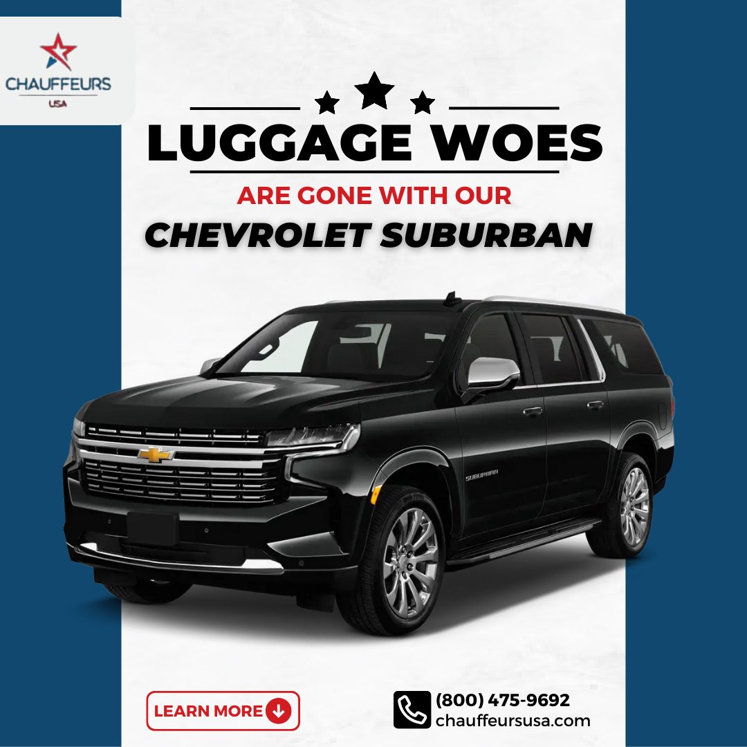 ChauffeursUSA's tweet image. Say goodbye to luggage woes with our Chevrolet Suburban! With a capacity for 6 passengers and 6 bags, enjoy ample space for all your belongings. Travel in comfort and style, without sacrificing storage. #TravelInStyle #ChevroletSuburban #AmpleSpace #ComfortTravel