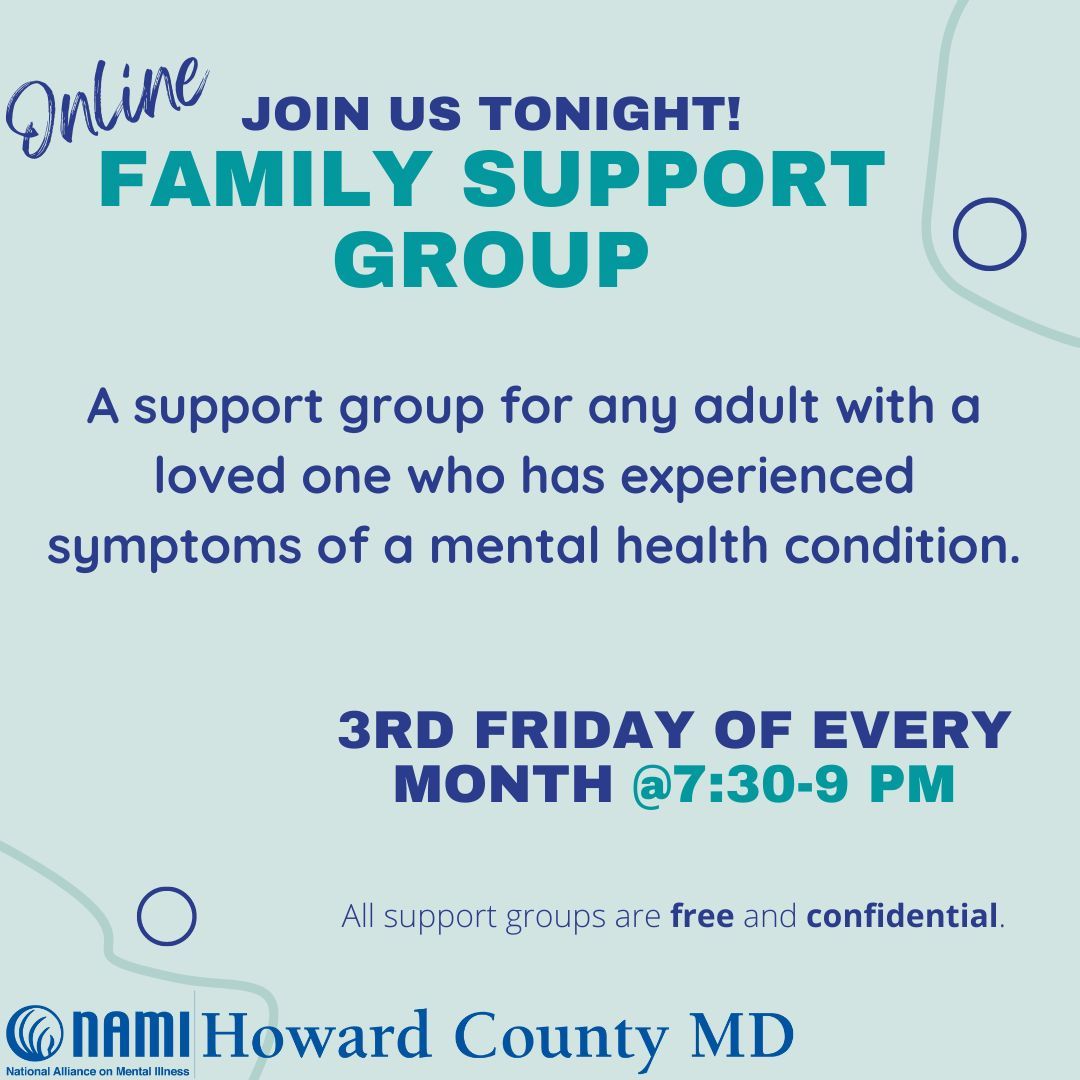 Join us tonight for a free #HowardCountyMd #MentalHealth family support group: buff.ly/3vIz7K0 #MentalHealthMatters #HoCoMd
