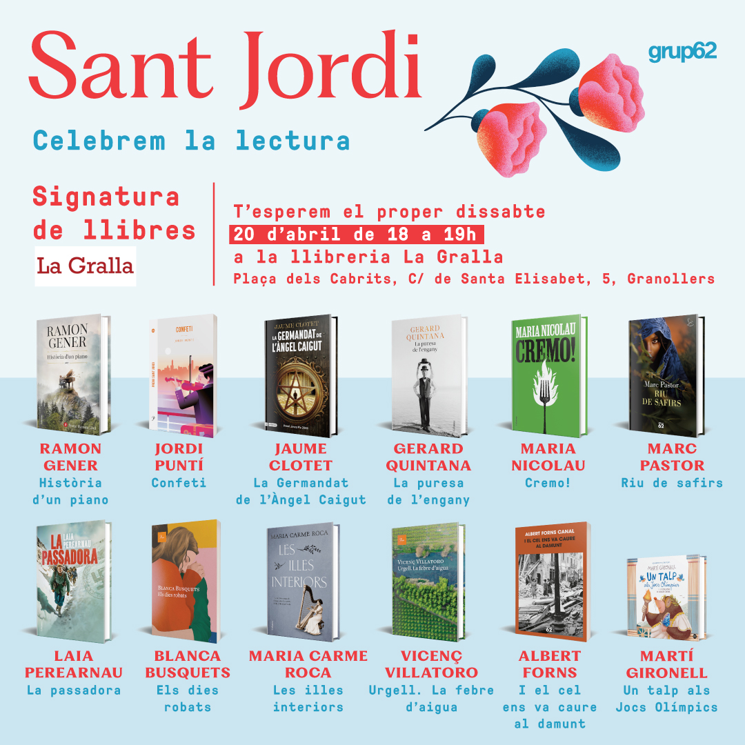 🌹📚 Demà a la tarda seguim amb les signatures de #SantJordi!

📆 20/04
📍@lgralla #Granollers
⏱️18-19h

📖✍️ @puntinho10 @lperearnau @jaumeclotet @gerardquintana @DoctorMoriarty @blancabusquets @MAlbercocs @ramongener @MCarmeRocaCosta @martigironell #AlbertForns #VicençVillatoro