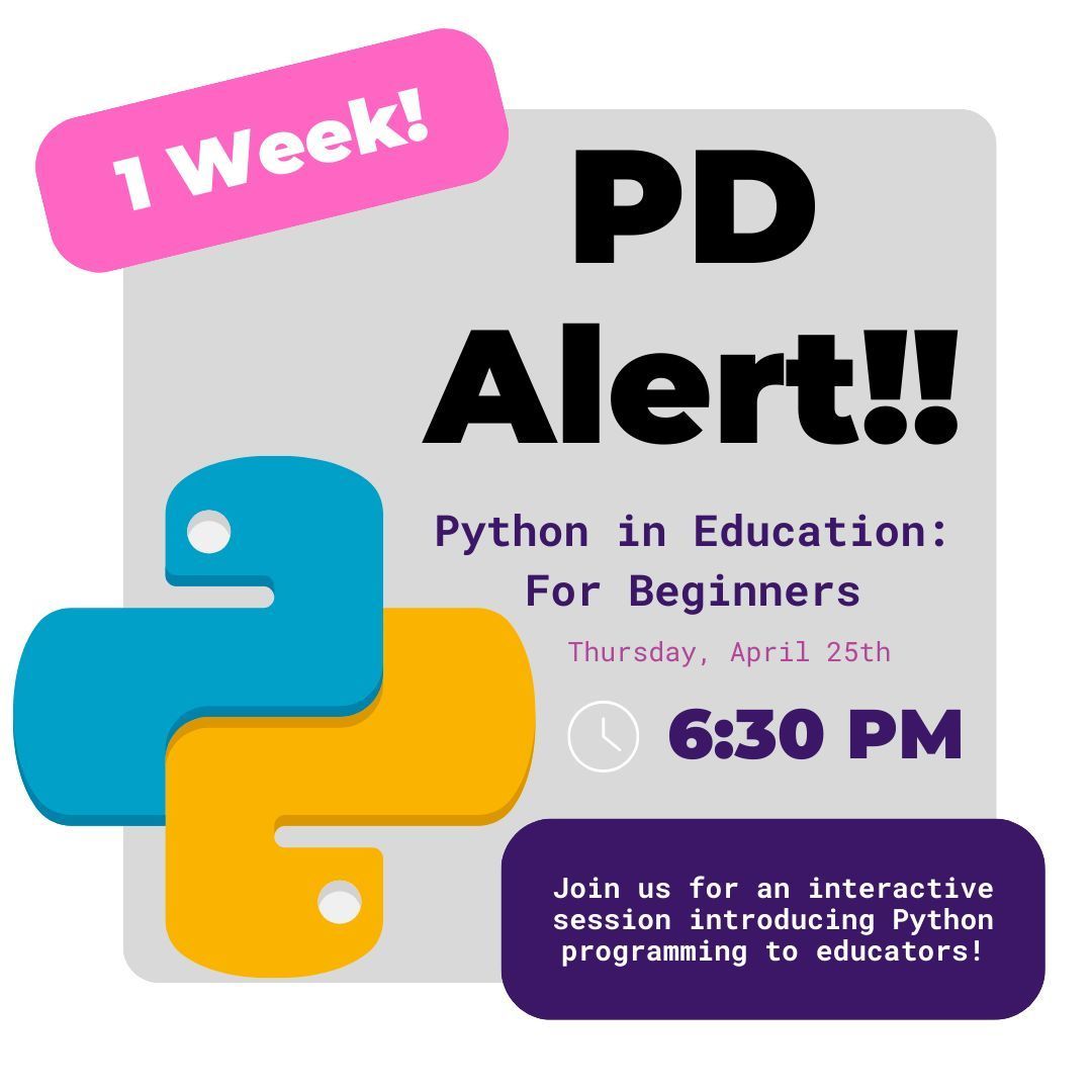 We are less than a week away from our virtual session, Python in Education: For Beginners! You won't want to miss this!! Participants will walk away with practical strategies and resources to start teaching Python to students. No experience needed! buff.ly/3PhJzia