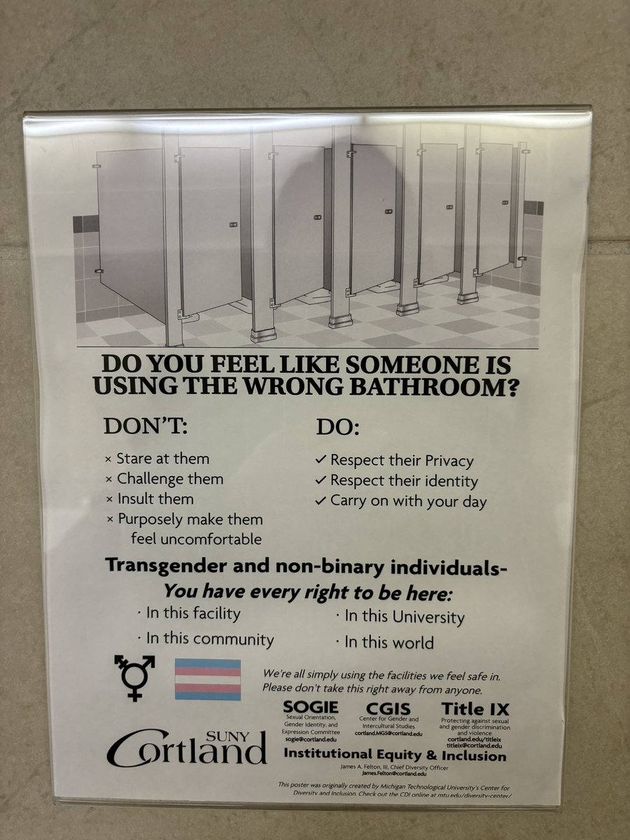 Riley_Gaines_'s tweet photo. I'm speaking at SUNY Cortland tonight. This is a flier hung in the women's bathroom

"Ignore the threat of men, ladies. 
Don’t worry if a guy follows you into a bathroom. Abandon your instincts that something is off. Loosen your boundaries, stay quiet, &amp; take your pants off." https://t.co/bbhDdaexhW