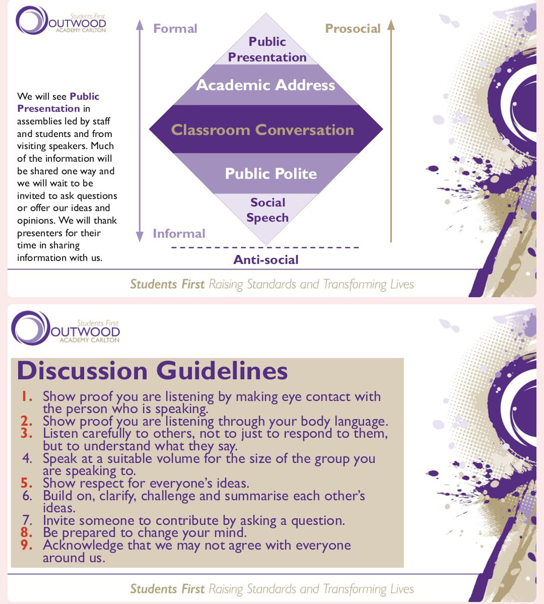 OACarlton's tweet photo. @OGATrust @juliefslater @PremierFoodsPLC We began with a reminder of our #FormalityScale and discussion guidelines - both part of our strategic approach to #Oracy - to help our audience be at their best. 3/ https://t.co/M63BSQzqky
