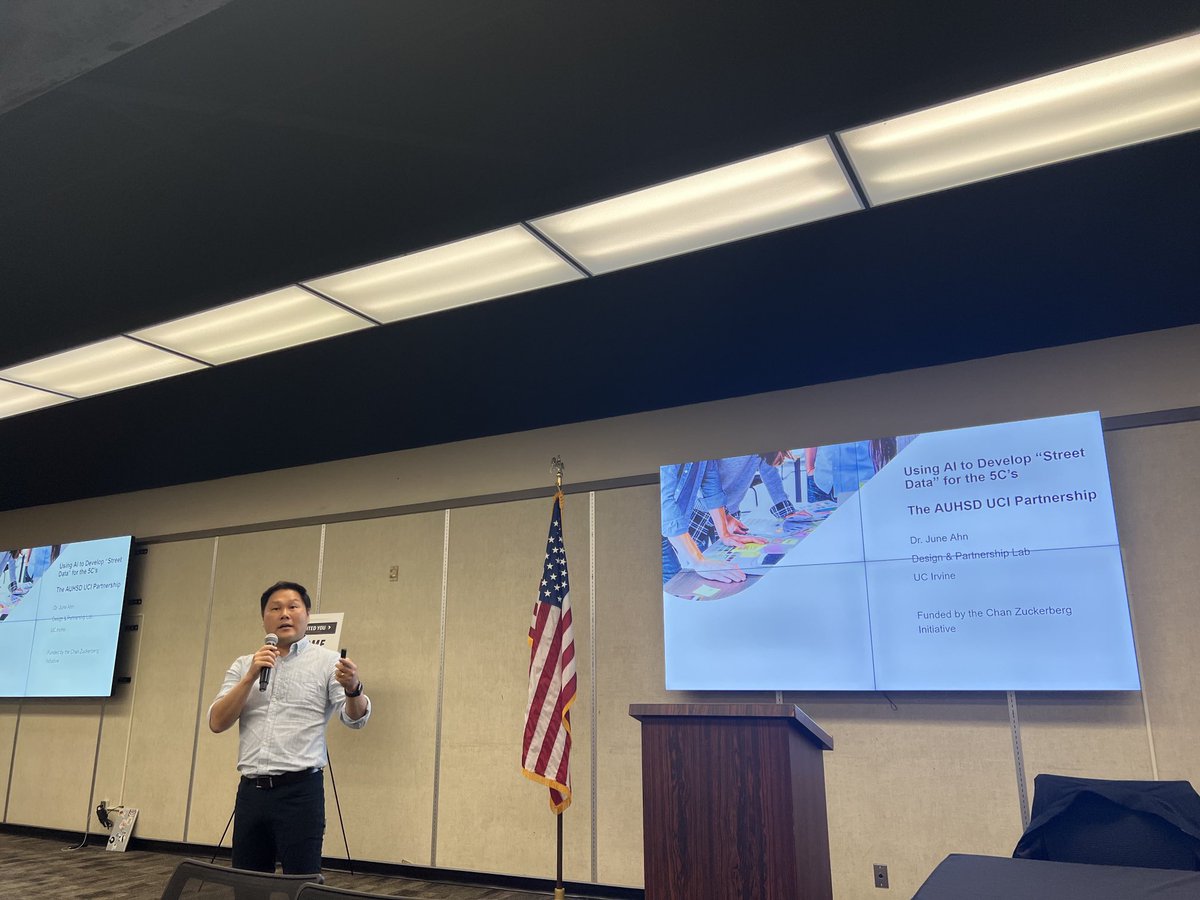 DrFContreras's tweet photo. Excited to hear UCI School of Education Professor June Ahn presenting on his project “Using AI to Develop ‘street data’ for the 5Cs” at the Anaheim Union High School District Collaborative Summit with regional higher education and district partners today! https://t.co/NgOqcclCmN