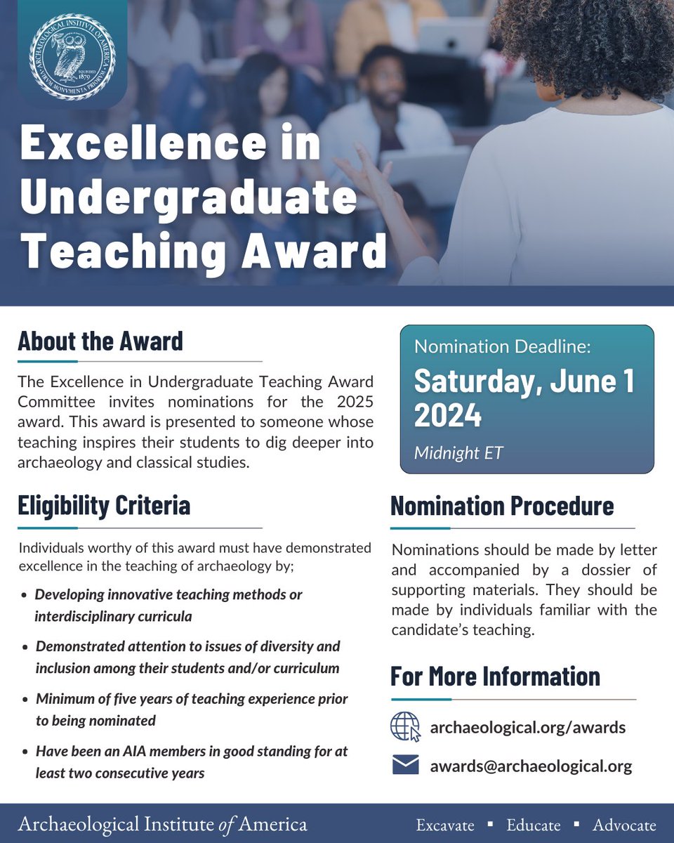 Do you know any outstanding teachers? Submit a nomination for the Excellence in Undergraduate Teaching Award! Completed nominations should be received by Saturday, June 1. You can learn about the nomination process on our website: ow.ly/N10I50Rib6W
