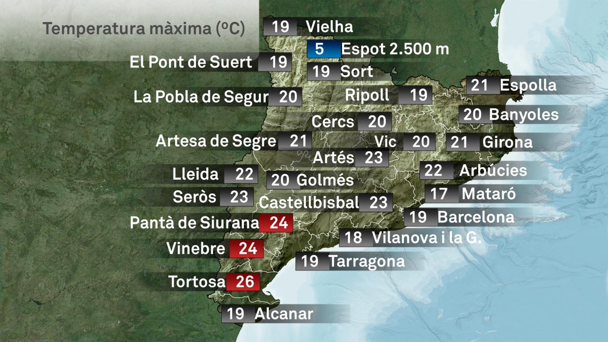 Mapa de Tº màxima  d’avui  📊 Més dades del temps actual a 'Quin temps fa ara?' al portal d' @eltempsTV3 ➡ ccma.cat/el-temps/quin-… #ElTemps3Cat