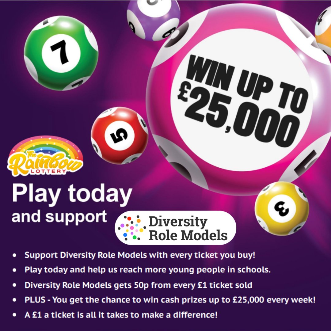 🌈 Support Diversity Role Models with every @RainbowLottery ticket! 🎟️ For only £1, you could win £25k every week & help educate young people about diversity. 50p from every ticket goes towards our work. 🎉 Next draw: Sat, 7pm. Play today! 🚀🌈✨ rainbowlottery.co.uk/support/divers…