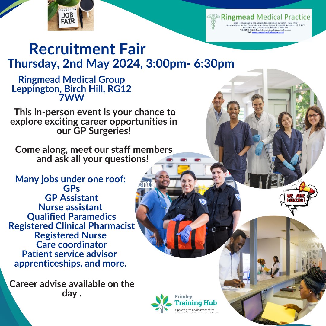 📢 Save the date! Ringmead Medical Group are holding a Recruitment Fair on Thursday 2nd May between 3:00pm- 6:30pm. 🎉 Discover vacancies, connect with practice staff and network with professionals. #RecruitmentFair #CareerOpportunities #RingmeadMedicalGroup