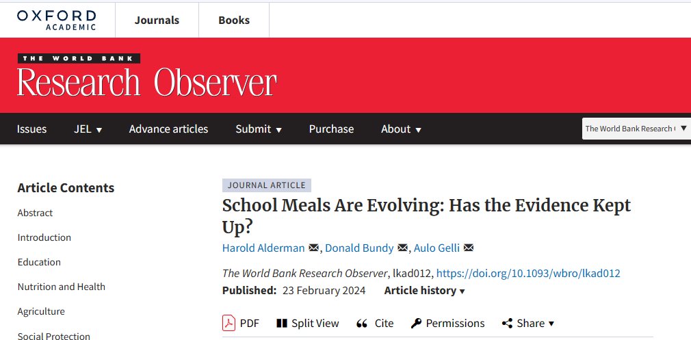 🆕📰 School Meals Are Evolving: Has the Evidence Kept Up? 🖋️ By Harold Alderman, Donald Bundy, and Aulo Gelli. 🖱️doi.org/10.1093/wbro/l… @CGIAR