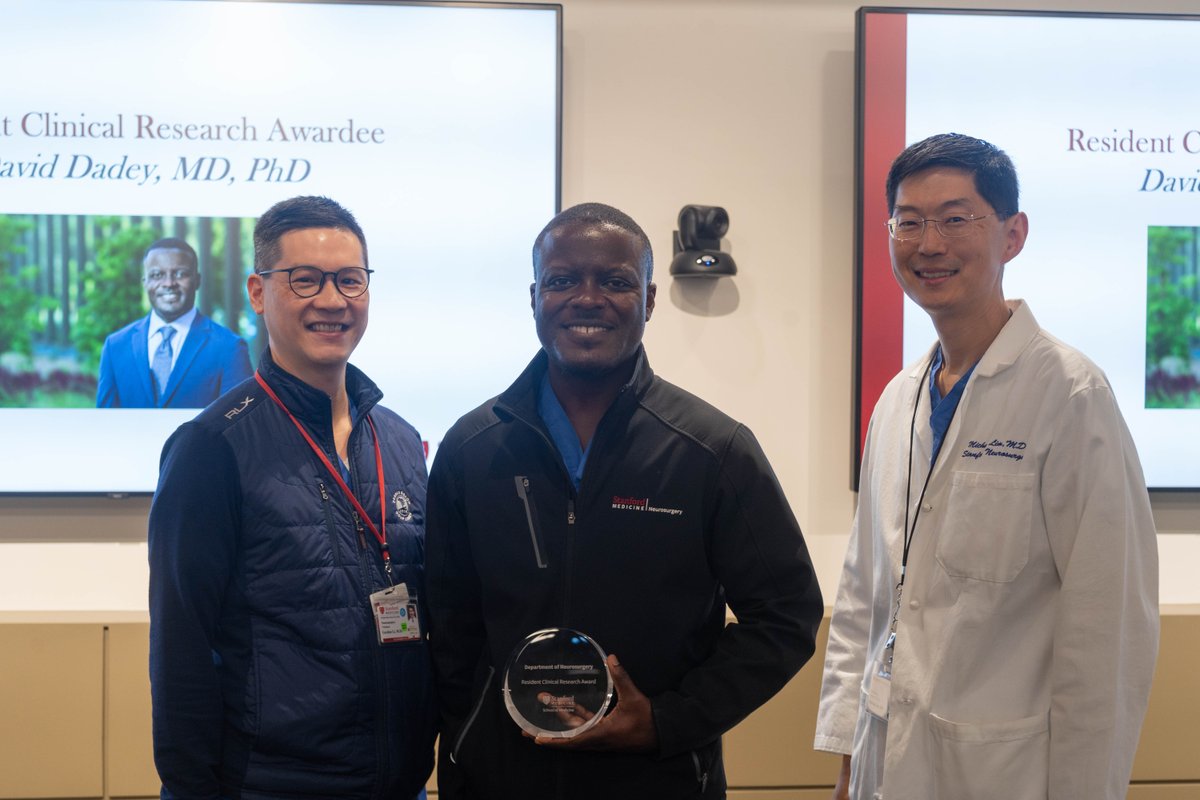 Chief Resident Dr. David Dadey (@DYDadey) receiving the 'Resident Clinical Research Award' presented by Dr. Gordon Li at Stanford Neurosurgery's second annual Neurosurgery Department Awards.