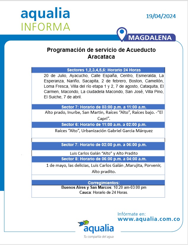 #AqualiaCol_Informa 🇨🇴 | 19 de abril #Magdalena 📣 Infórmate aquí con nuestro último aviso para #Aracataca. 

#AqualiaColombia