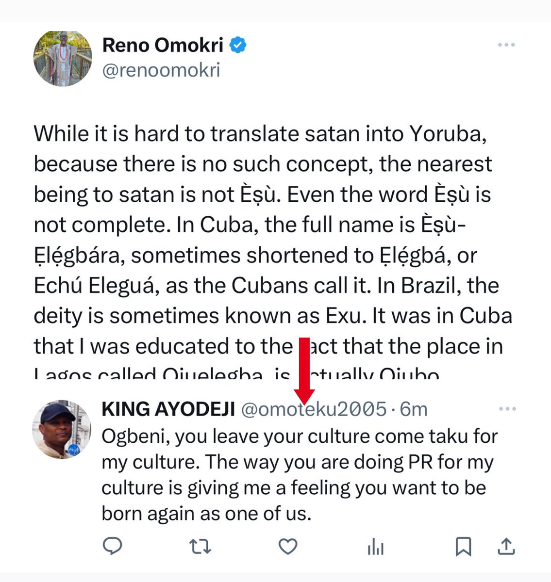 Dear Ayodeji, Thank you for your feedback. Your culture? You are not very conscious. You are so wrapped up in modernity that you do not even know your history. My language, Itsekiri, is one of the purest Olukumi cultures. You don't even know that you are not a Yoruba man. The