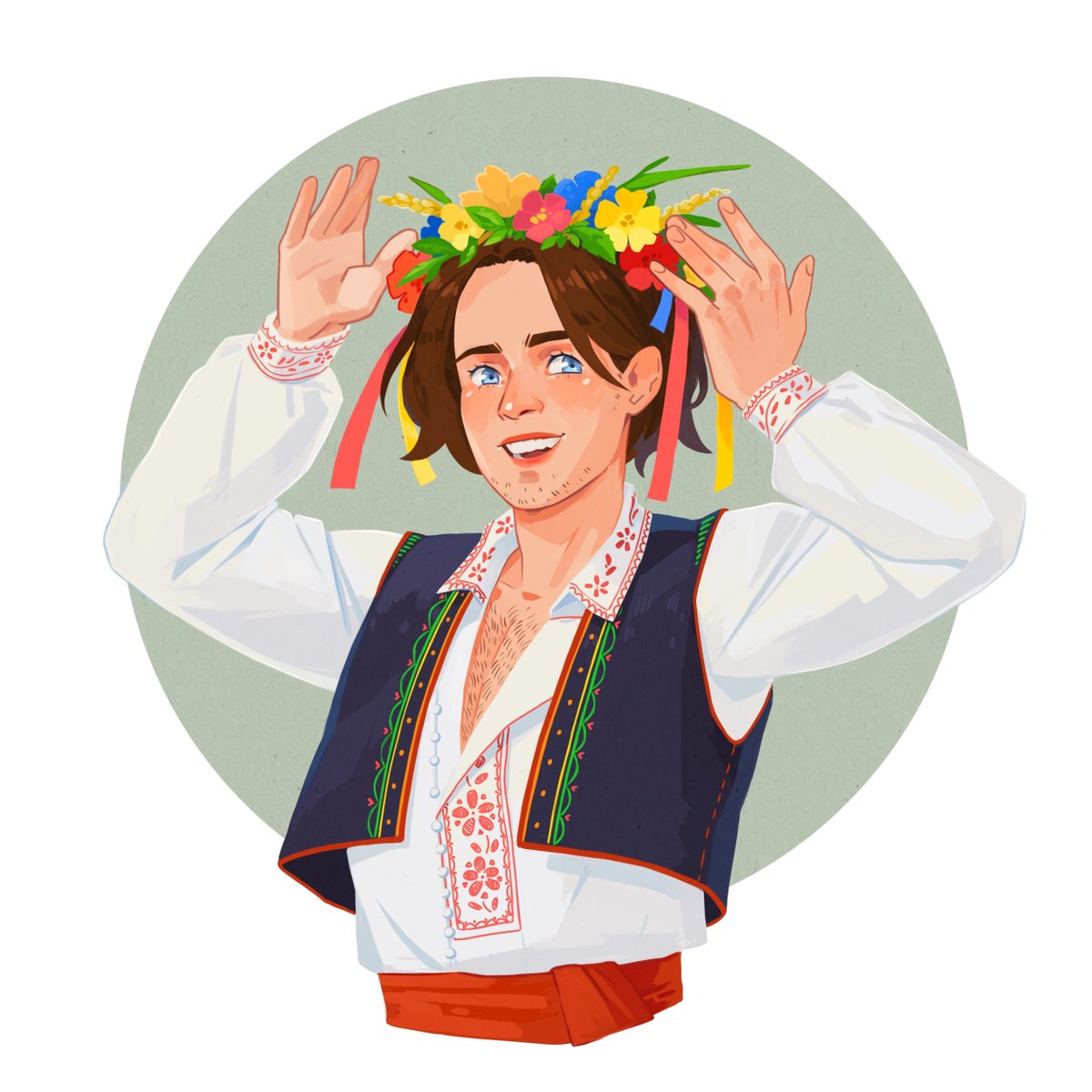 Jaskier in traditional dress (mostly inspired by polish one, though there are general slavic influence and some artistic license due to fantasy setting and all that)
