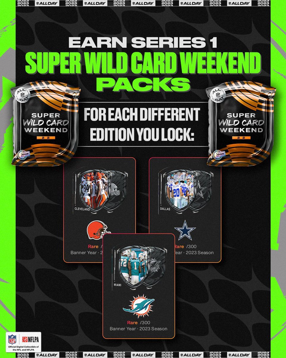 ⏰ LAST CHANCE TO LOCK BANNER YEAR MOMENTS 🐶 Browns 🤠 Cowboys 🐬 Dolphins 🔒 Earn a Series 1 Super Wild Card Weekend pack for each different edition you lock before 3:30 PM ET! ➡️ Lock Banner Year Moments here: allday.football/BannerYear1