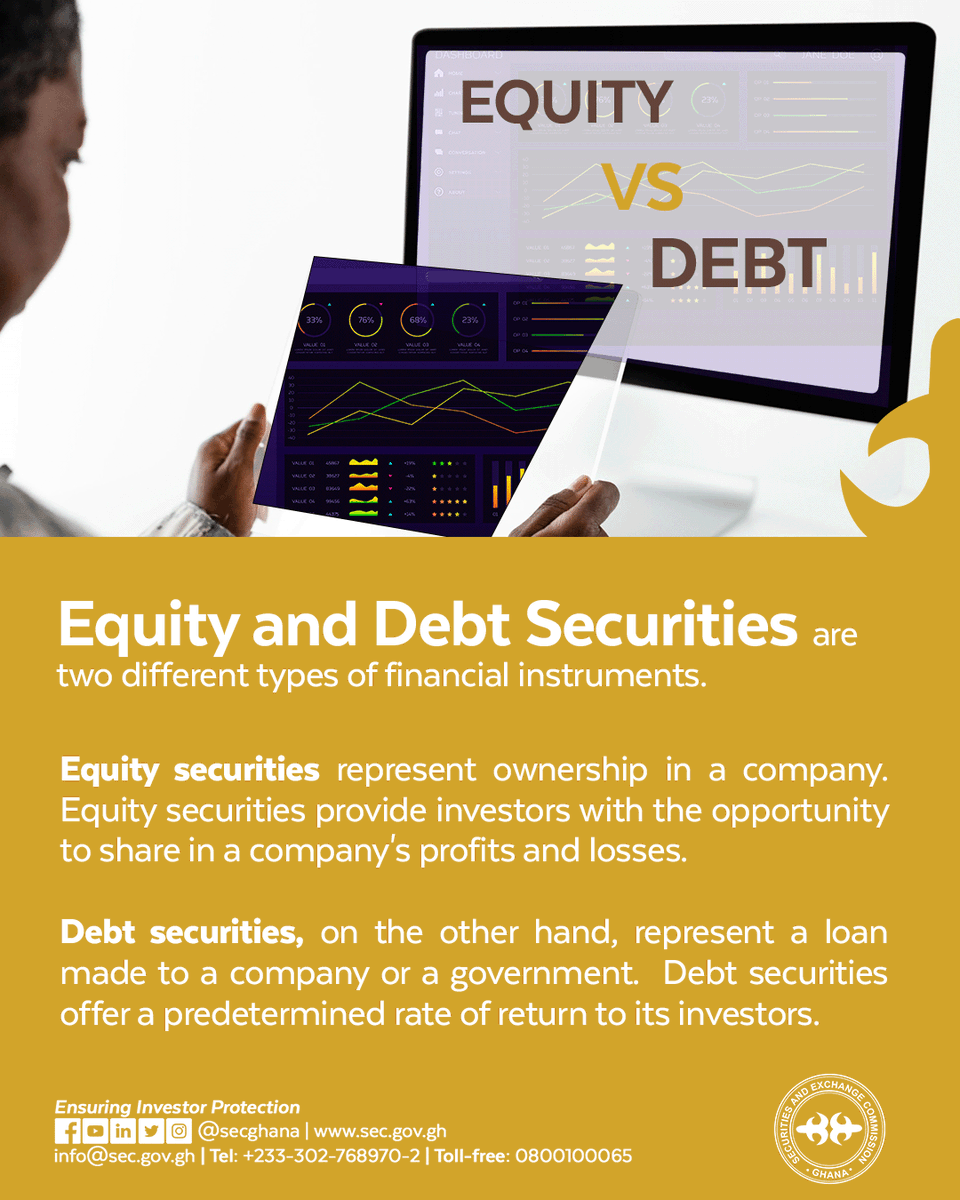 Equity securities represent ownership in a company and provide investors with the opportunity to share in a company's profits and losses. Debt securities, however, represent a loan made to a company or a government and offer a predetermined rate of return to its investors. #SEC