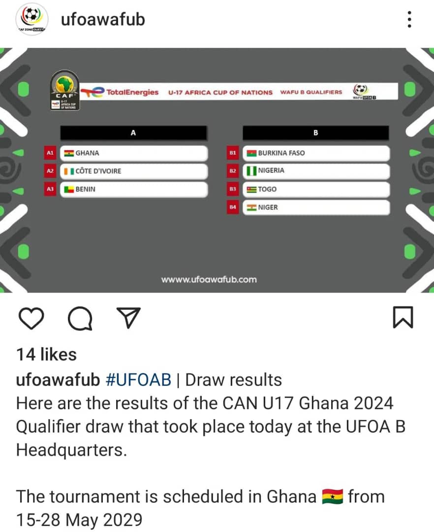 Francis Achi (@totorimaster) on Twitter photo Golden Eaglets <a href="/thenff/">The NFF 🇳🇬</a> <a href="/NGSuperEagles/">🇳🇬 Super Eagles</a> will trade tackles against Burkina Faso, Niger and Togo in Group B of WAFU B U17 tournament in Ghana.
Black Starlets of Ghana have a date with Cote d’Ivoire and Benin Republic in Group A.
The tournament will take place between May 15 -29. Golden Eaglets <a href="/thenff/">The NFF 🇳🇬</a> <a href="/NGSuperEagles/">🇳🇬 Super Eagles</a> will trade tackles against Burkina Faso, Niger and Togo in Group B of WAFU B U17 tournament in Ghana.
Black Starlets of Ghana have a date with Cote d’Ivoire and Benin Republic in Group A.
The tournament will take place between May 15 -29.