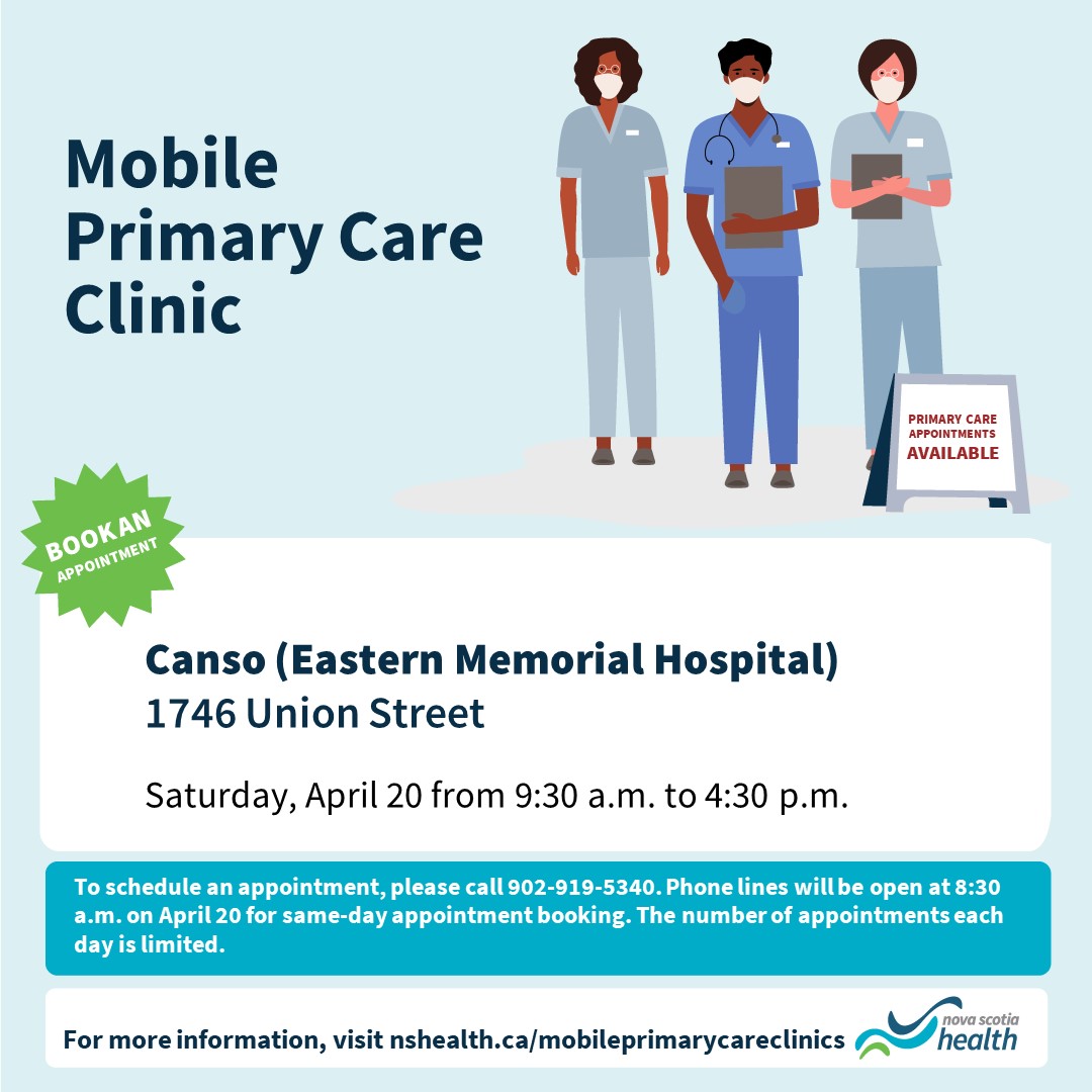 Nova Scotia Health’s mobile primary care clinic will be in Canso on Saturday, Apr. 20. For details, visit: nshealth.ca/mobileprimaryc…