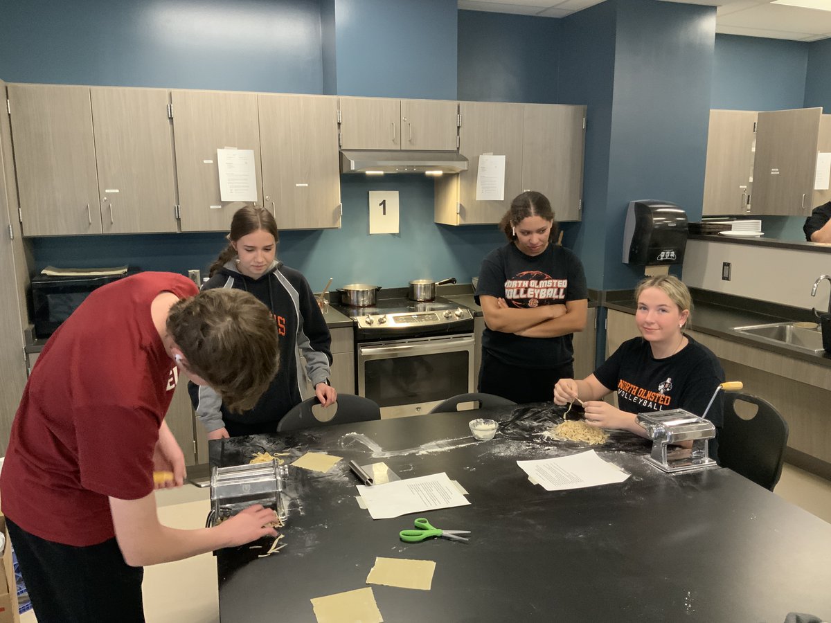 Fettuccine Friday! The Creative Foods Class made and cooked their own pasta. They made the dough in class previously and today they used a pasta roller and cutter to make homemade fettuccine alfredo with sauce from scratch!