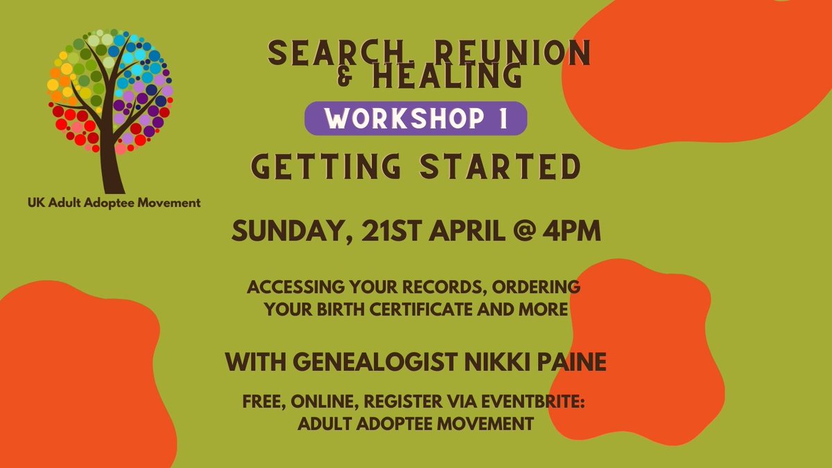 🔎 We're really looking forward to the first workshop in our Search, Reunion and Healing series this Sunday 🔍 There are still a few places available if anyone else would like to join us. Information and registration: eventbrite.co.uk/e/search-reuni…