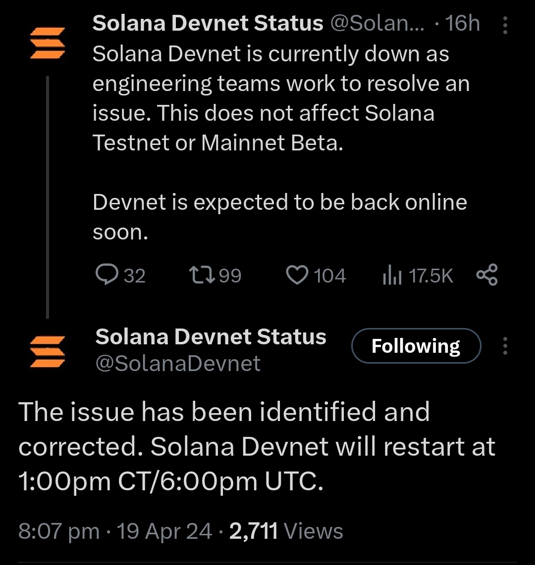 🚨 UPDATE: @solana Devnet issue has been identified - Devnet is expected to be back online after restart.