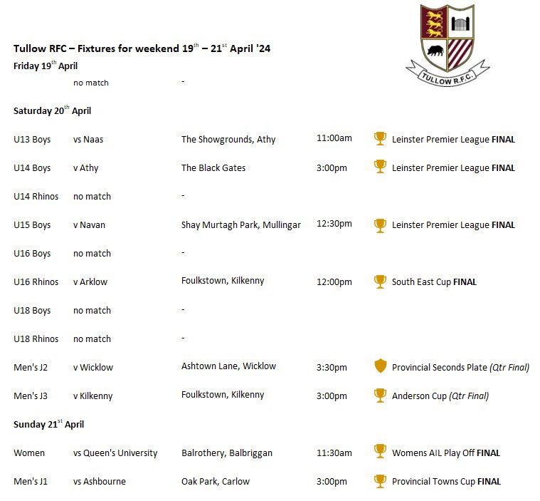 *Fixtures 19th-21st of April* A huge weekend ahead for our club. Best of luck to all of our teams.💪