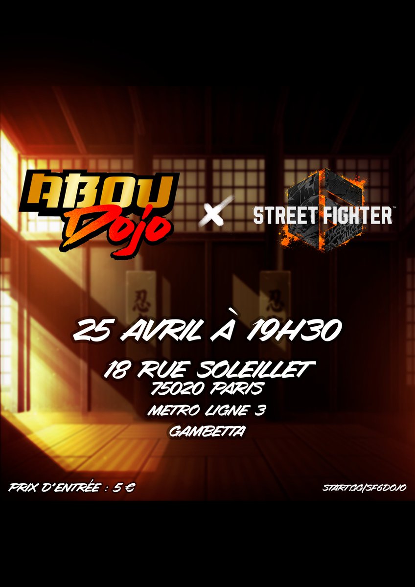 J'ai le plaisir de vous annoncer le retour des Abou dojo Ranking à la Maison de l'esport ! Pour célébrer le retour, j'organise un tournoi sur Street Fighter 6 le Jeudi 25 Avril ! Ouverture des portes : 18h30 Début du tournoi : 19h30 Prix: 5€ Toutes les informations sont