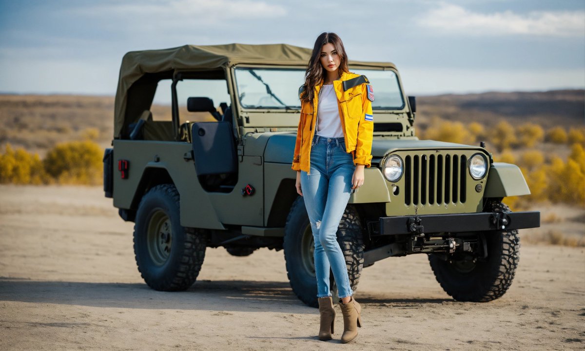 Cool models girl standing by a military jeep, hands in the pants, colorful image, 8k, high quality, perfect view

#jeep #Jeeplife #jeepwrangler #jeepbeef #jeeps #jeepporn #jeepnation #jeeplove #jeepgirl #jeepjk #jeepin #jeepher #JeepFamily #jeeper #Jeeping