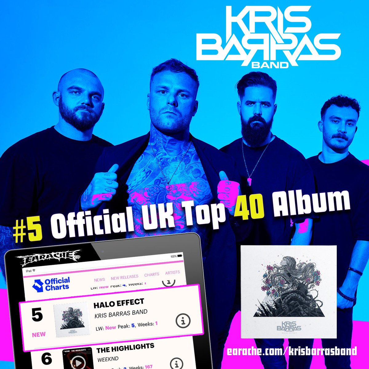 You did it!! Congratulations to @KrisBarrasBand and the rock/metal community on an amazing #5 spot in the UK Top 40 Album chart with 'Halo Effect'💪 Thank you for such an immense response to 'Halo Effect' - we hope you'll continue blast it loud this weekend!💥