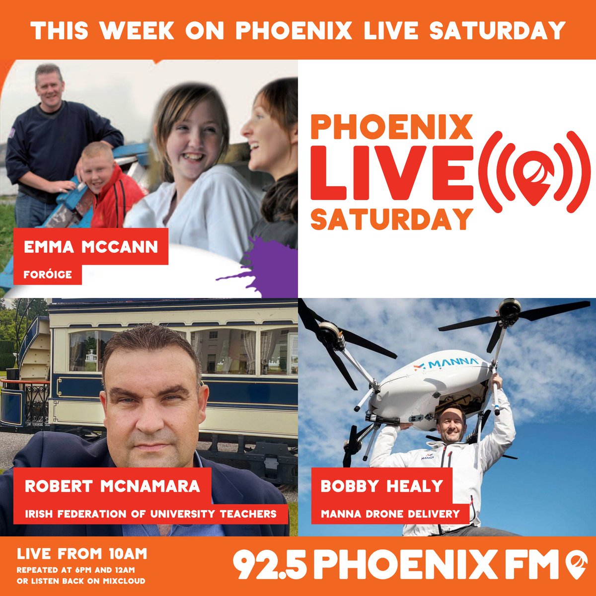 On this week's Phoenix Live Saturday with Eva and David: - Emma McCann on @foroige's Big Brother Big Sister programme - Robert McNamara - Bobby Healy at Manna Drone Delivery Tune in from 10am on 92.5 FM and online at live.phoenixfm.ie!