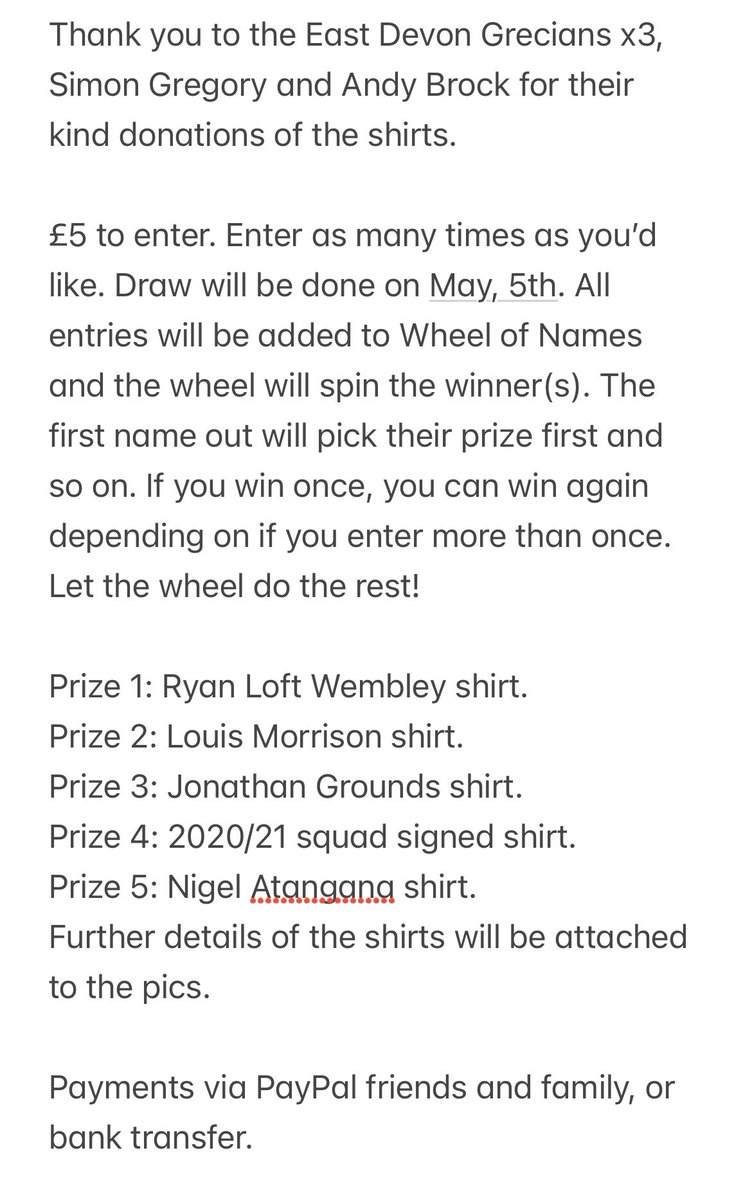 #ecfc shirt raffle £5 an entry, as many entries as you’d like. All money to @as9foundation. Reply to this or DM me to enter! Prizes: Ryan Loft Wembley shirt, Louis Morrison shirt, Jonathan Grounds shirt, Squad signed 2020/21 shirt, Nigel Atangana shirt. Please retweet 🙏🏻❤️