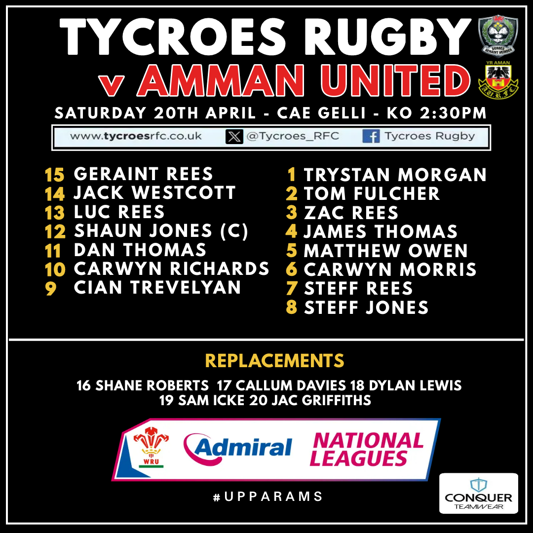 🚨 𝗧𝗘𝗔𝗠'𝗦 𝗨𝗣 🚨 Here's how we lineup for tomorrow's Admiral 2 West encounter against Amman United. 🏡Last 𝗛𝗼𝗺𝗲 game of the season 3⃣ Changes from last weekend 🔙Geraint, Zac & Steff Rees return to starting XV ©️ Centre Shaun Jones captains the side