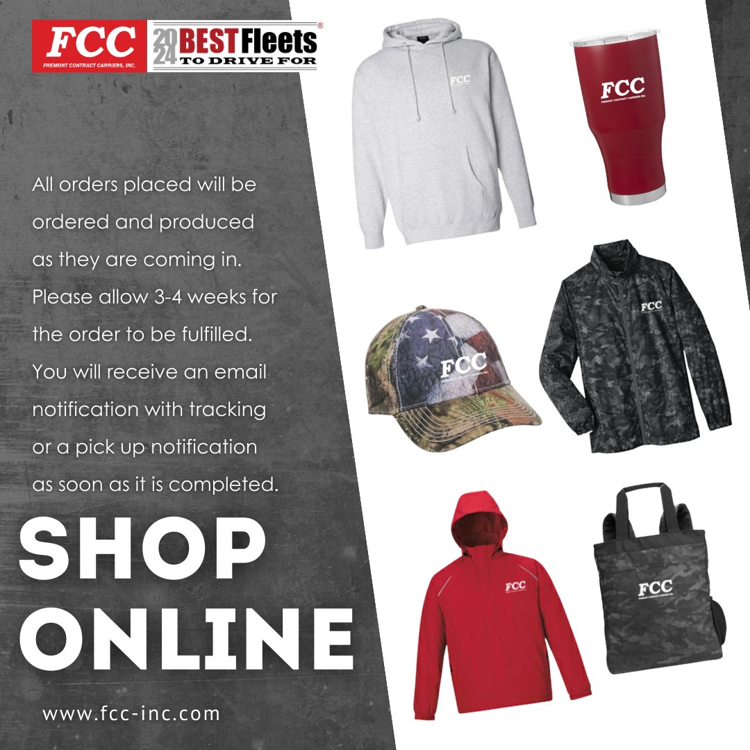 Gear up with FCC's online shop! Discover a range of trucking essentials and branded merchandise to elevate your on-the-road experience. Visit our online store and ride in style with FCC gear! bit.ly/2vMrKCp  #FCCShop #TruckingEssentials #RideInStyle