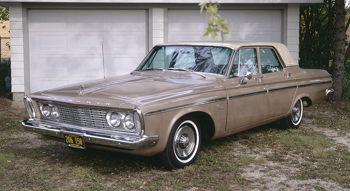 Four-door sedans took 54.4 percent of #Plymouth sales in 1963, with the #Belvedere tallying 54,929. This one has a Slant Six and #TorqueFlite—and the new Pentastar emblem on the lower right front fender. #collectibleautomobilemagazine