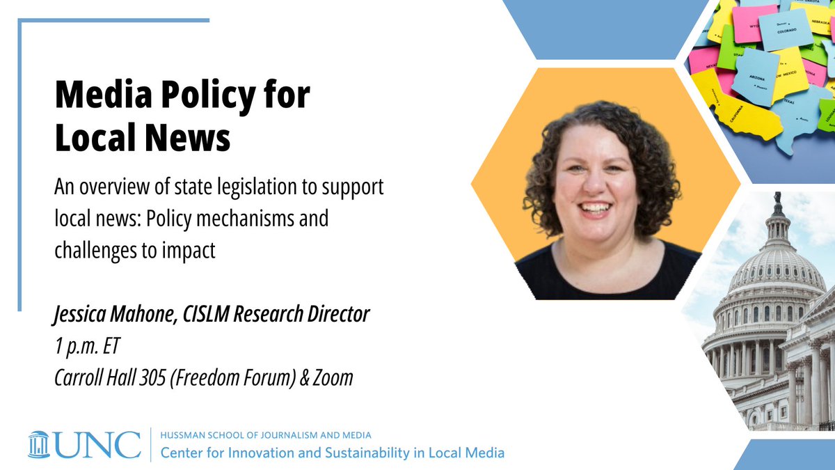 🏛 Journalism policy friends: You've likely been following the California Journalism Preservation Act. 

Join us on Wednesday to learn more about the latest in state legislative interventions for local news from CISLM Research Director @JessAMahone.

unc.zoom.us/meeting/regist…