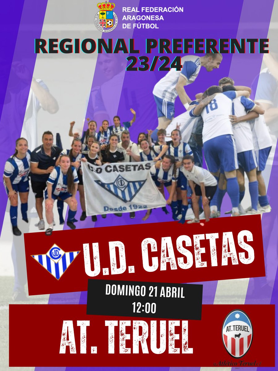 🗣️AFICIÓN OS ESPERAMOS!!
👉Homenaje a nuestras CAMPEONAS🏆 que realizarán el saque de honor tras su ascenso de categoría.

U.D. Casetas 🆚 AT. Teruel
🗓️21 de Abril
⌚️12:00
🏟️C.F.M. San Miguel