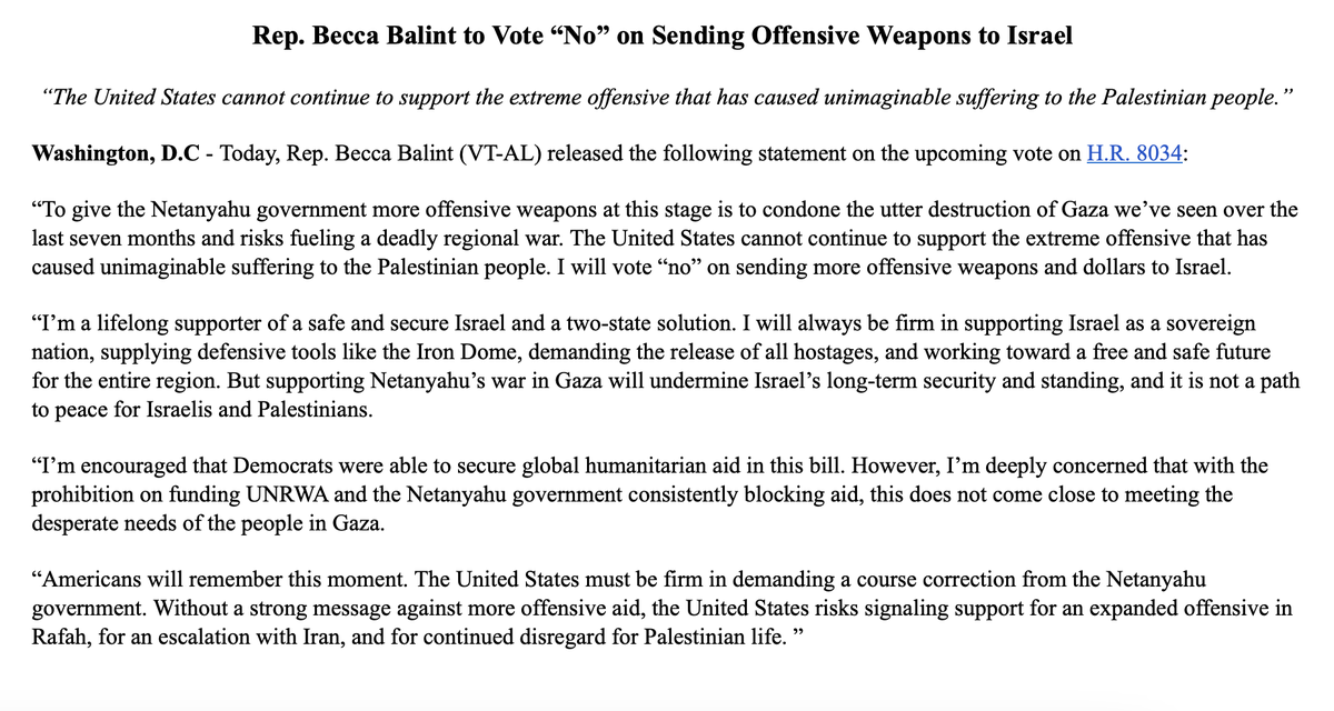 In the inbox: Rep. Becca Balint to Vote “No” on Sending Offensive Weapons to Israel (Progressive Dems had wanted Israel aid broken out of the package anyway but it's likely to pass tomorrow on a bipartisan basis)