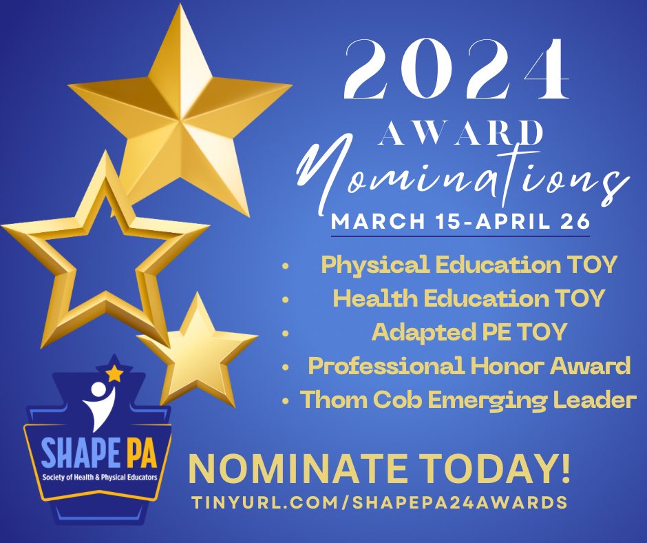 🎉Join the celebration of excellence in Health & Physical Education! Let's recognize the incredible professionals and their impactful contributions. Nominate deserving individuals now to honor their dedication! 🏆#TOY #Physed #Healthed ✍️Nominate here: tinyurl.com/SHAPEPA24Awards