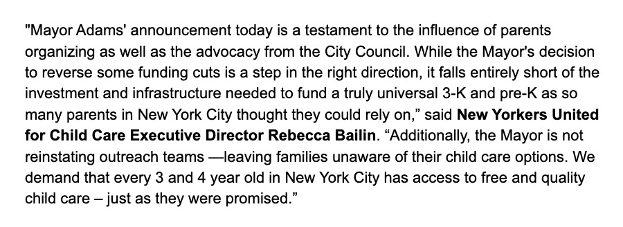 The Mayor's new schools funding is a testament to the influence of parents organizing & @NYCCouncil advocacy. While reversing some cuts is a step in the right direction, it falls far short of the investment & infrastructure needed to fund a truly universal 3-K and pre-K.