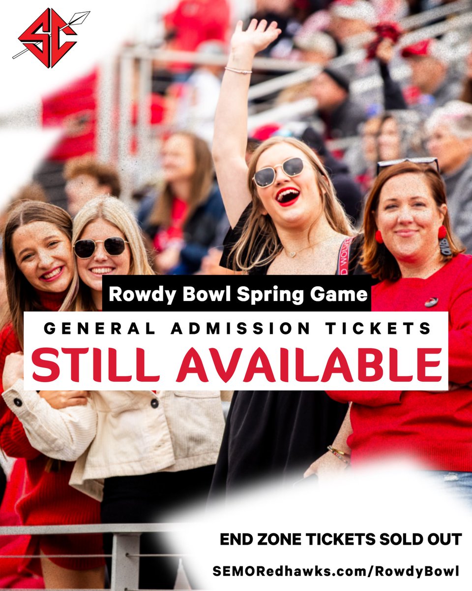 $5 General Admission tickets are still available for tomorrow’s Rowdy Bowl Spring Game! Purchase tickets in advance to be entered to win a variety of prizes include 2024 Season Tickets! East Endzone tickets are SOLD OUT. 🎟️SEMORedhawks.com/RowdyBowl #FeelinRowdy