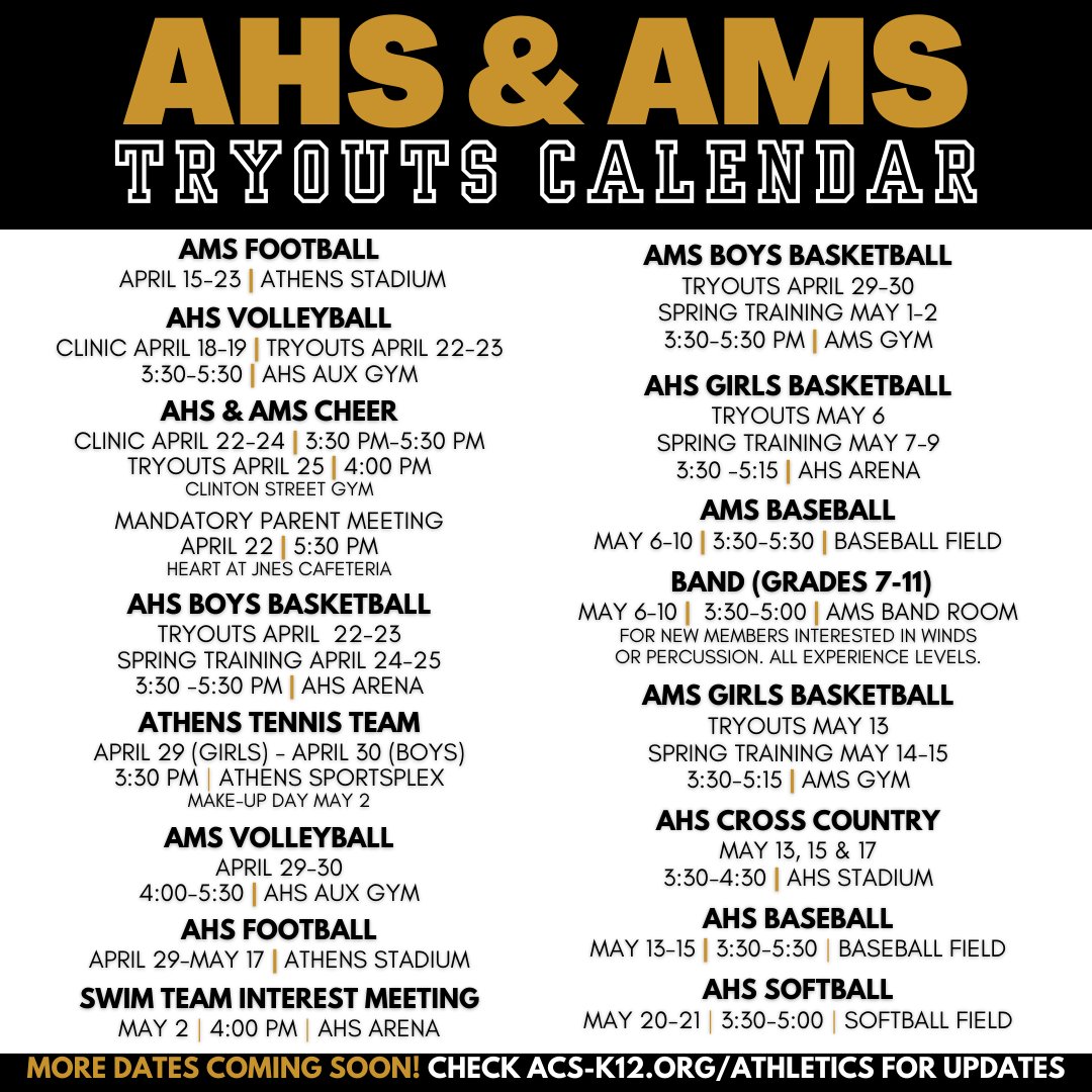 *UPDATED* TRYOUTS CALENDAR Students, are you interested in being a part of sports and extracurricular activities @amseagles  and @AHS_Alabama  during the 2024-2025 school year? If so, be sure to mark your calendars for important dates related to tryouts.