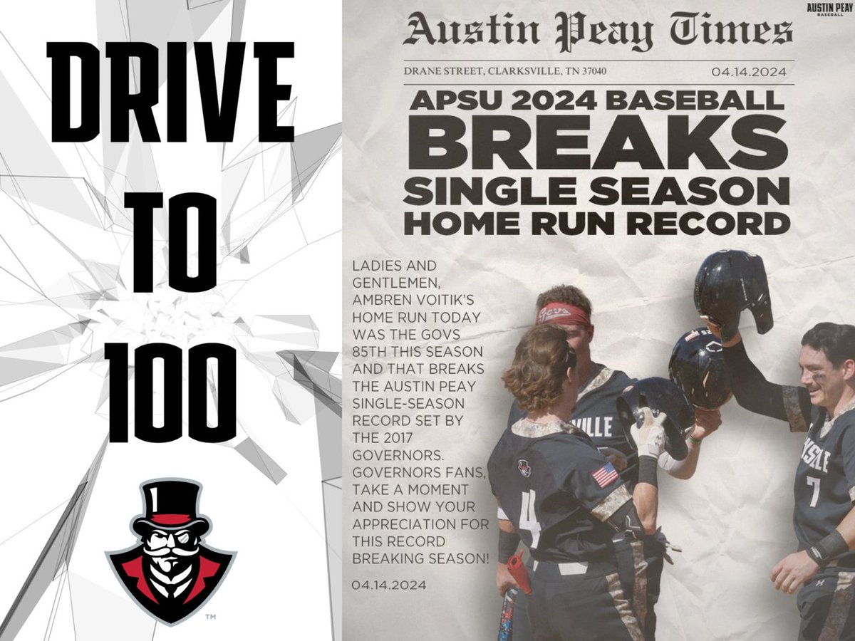 The Govs are hot on the trail of 1⃣0⃣0⃣ homers this season. You can support the Govs by donating as part of the Drive to 100 today! 🔗 t.e2ma.net/click/qkj7cg/e… #LetsGoPeay | #⃣🅱️🅰️🆖