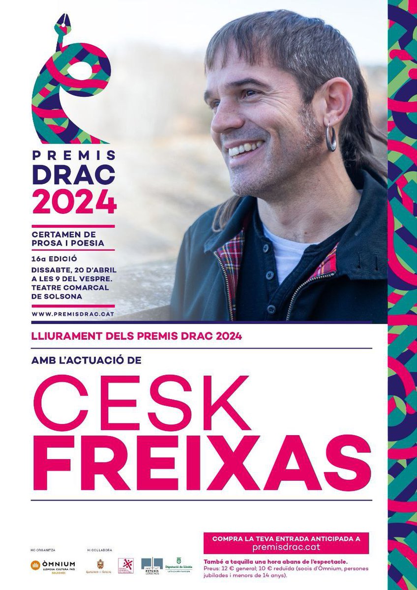 Demà al vespre aniré a veure en @ceskfreixas a Solsona, al lliurament dels premis Drac.
Gràcies, <a href="/omniumsolsones/">Òmnium Solsonès</a>!