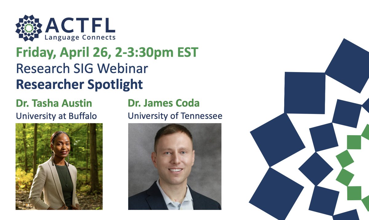 Join the <a href="/actfl/">ACTFL</a> Research SIG for our Researcher Spotlight webinar next Friday, Apr 26th, 2-3:30pm EST. Researchers Dr. Tasha Austin and Dr. James Coda will present their research, followed by time for questions. Registration is open to ACTFL members: my.actfl.org/SIG_WEBINAR_RE…