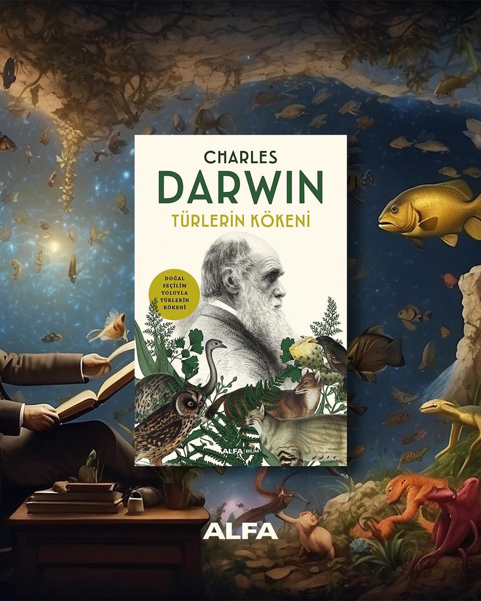 #TarihteBugün 🗓️ Yapay zekaya “Darwin evreni oluştur” yazdığımızda bize arka plandaki bu renkli görselle karşılık verdi. ✨ Dünyaca ünlü jeolog, biyolog ve doğa bilimci Charles Darwin 146 yıl önce bugün öldü…🌿 #AlfaKitap #CharlesDarwin #TürlerinKökeni