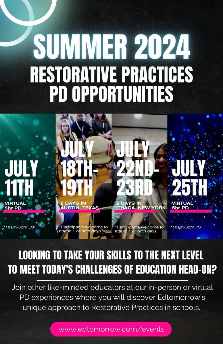 Alkren62's tweet photo. If you work with students in a school, whether in the front office or classroom, you DO๐NOT๐ want to miss out on these amazing opportunities to learn & grow in your profession. #edtomorrow #firstfive #restorativepractices #teachertwitter #summerpd #education #letsconnect ๐ค๐ค https://t.co/B28aZyFbNh