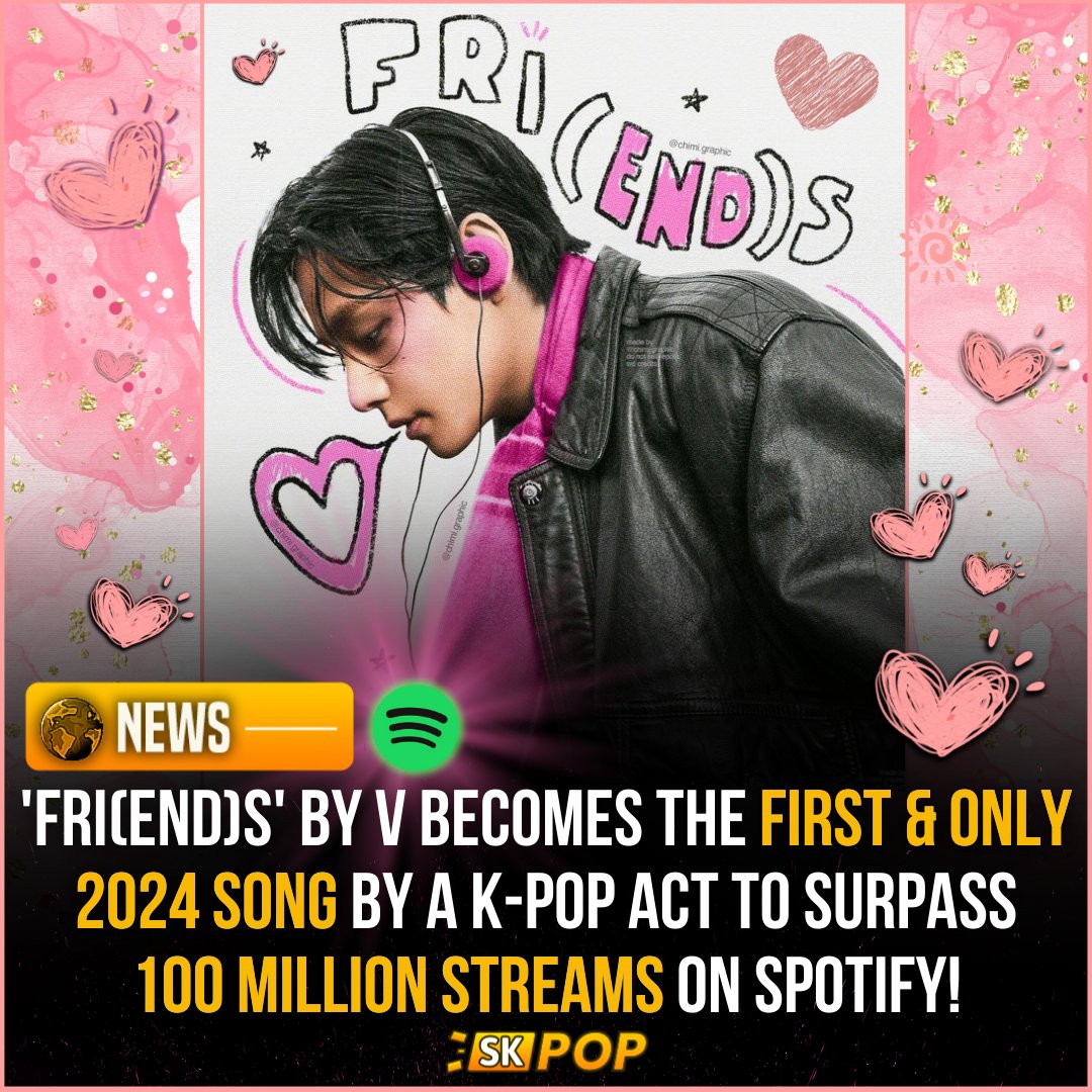 🟢 “FRI(END)S” by V / Kim Taehyung becomes his 7th song to surpass 100 MILLION streams on Spotify, extending his record as the Korean Soloist with the Most Solo Songs (6) to surpass this milestone! 🔥💥 Congratulations Taehyung! 👑 #FRI_END_S100MOnSpotify