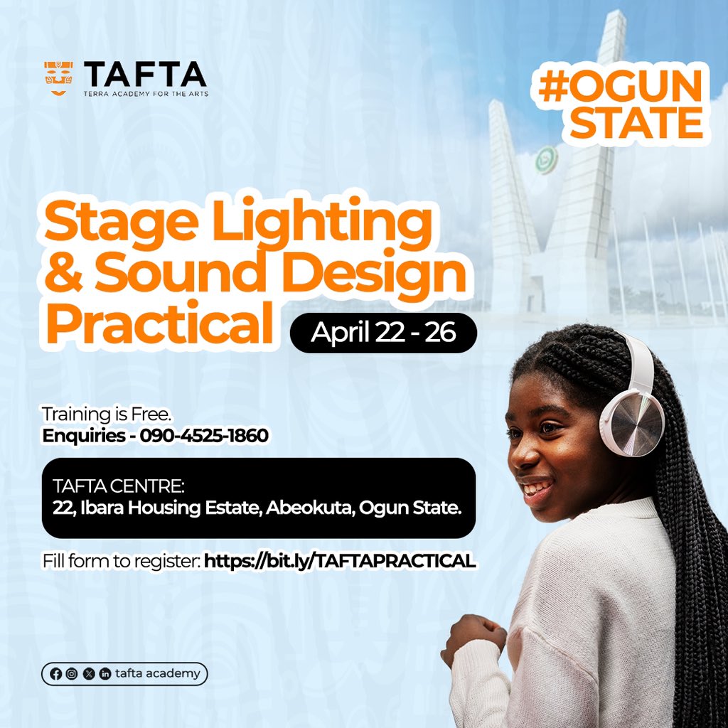 Hello Ogun! 😃 The TAFTA Stage Lighting and Sound Design Practical is pulling up in the Gateway State. 🥳 Interested? Register here: bit.ly/TAFTAPRACTICAL 😁