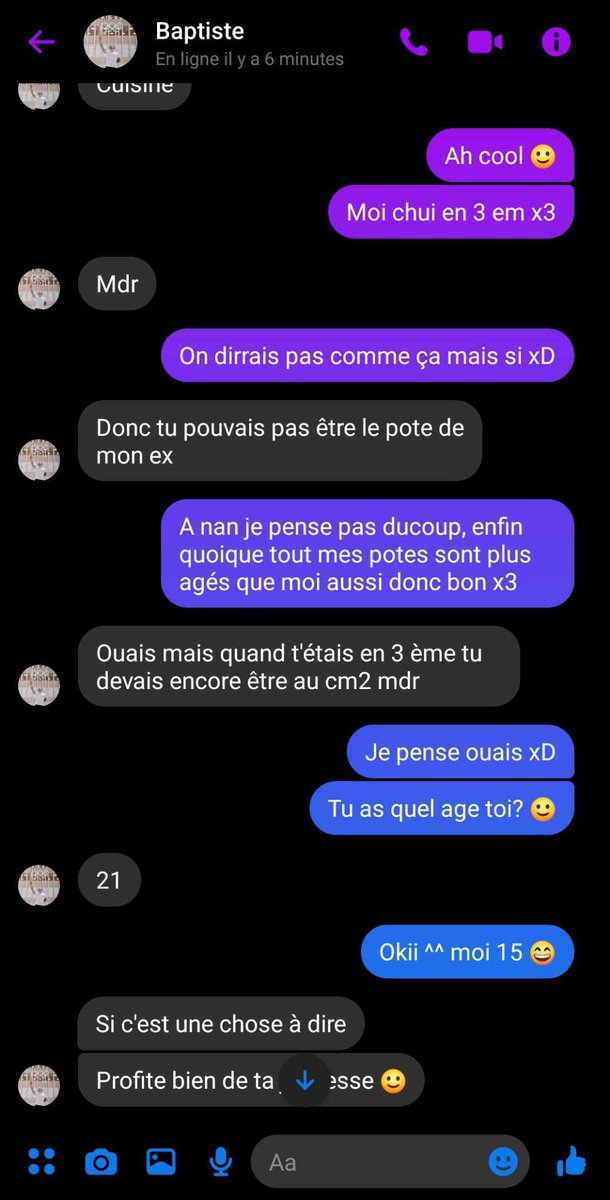 TrippyJVC's tweet photo. TW grooming

témoignage d'une pote ayant reçu des messages répétés de Baptiste, parlant de relations sexuelle alors qu'elle avait 15 ans

on peut également noter qu'il a conscience de sa merde d'où son "ça reste entre nous" https://t.co/BjumKwlfAR