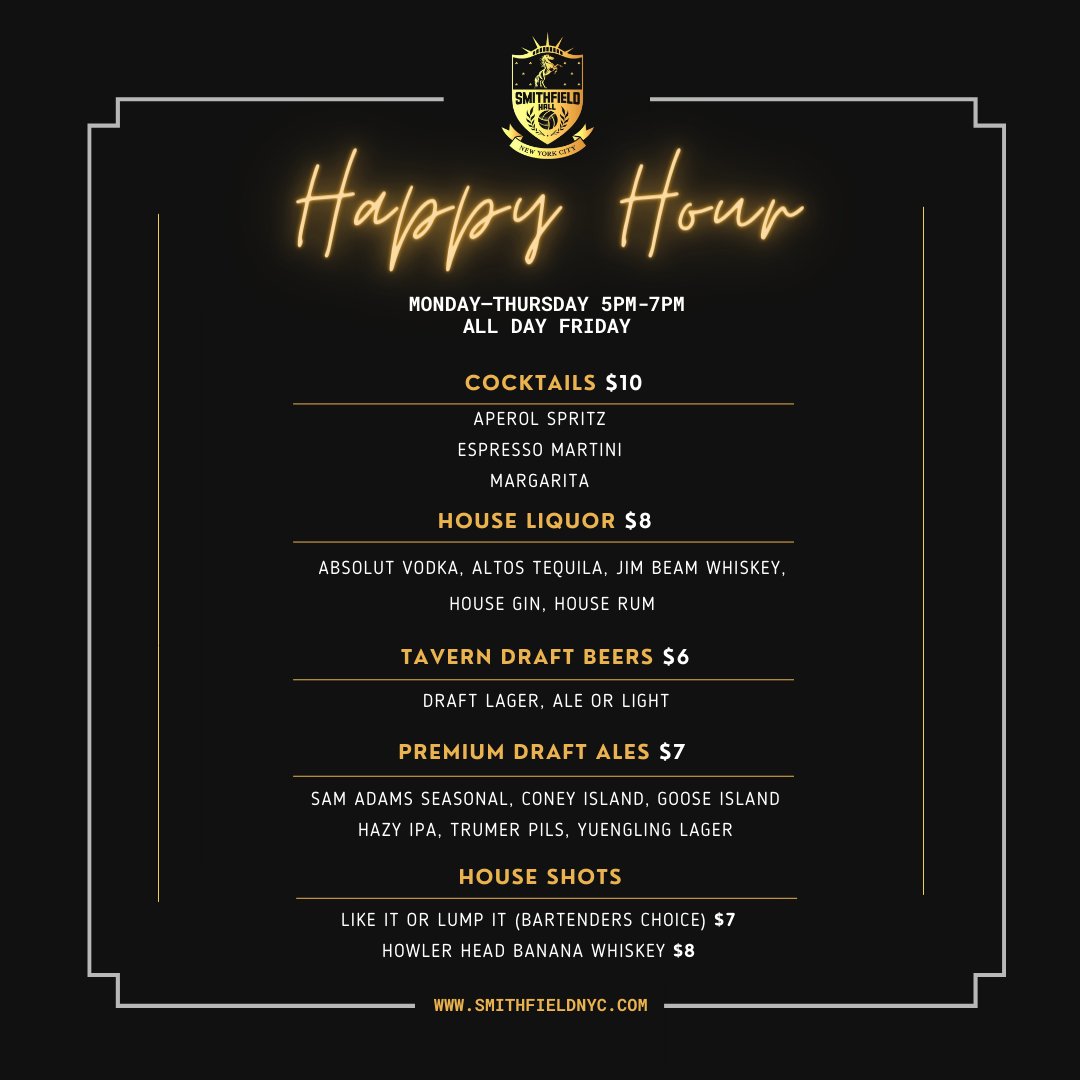 TGIF guys! 🎉ALL DAY Happy Hour at Smithfield Hall EVERY FRIDAY!!!🍻 #HappyHour #sportsbarnyc